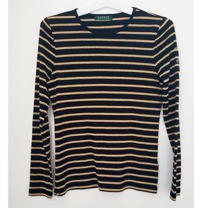 LAUREN RL gold black stripe long sleeve top L